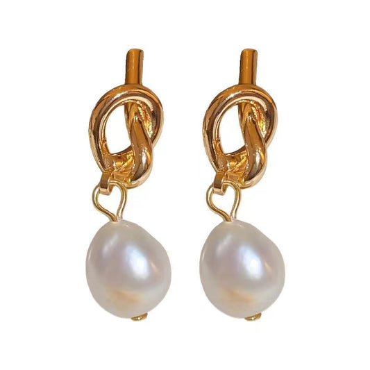 Interweaving Classic & Trend: Baroque Pearl Knot-Shaped Silver Stud Earrings