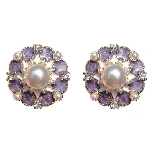 925 Silver Needle 14K Drop Glaze French Baroque Pearl Purple Round Stud Earrings